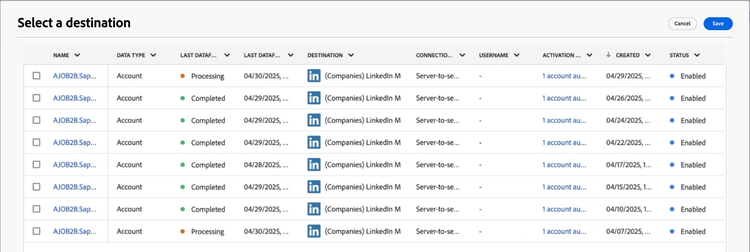 ジャーニーノード – アカウントに対するアクションの実行 – 宛先に対するアクティブ化 – 宛先を選択ダイアログ ​