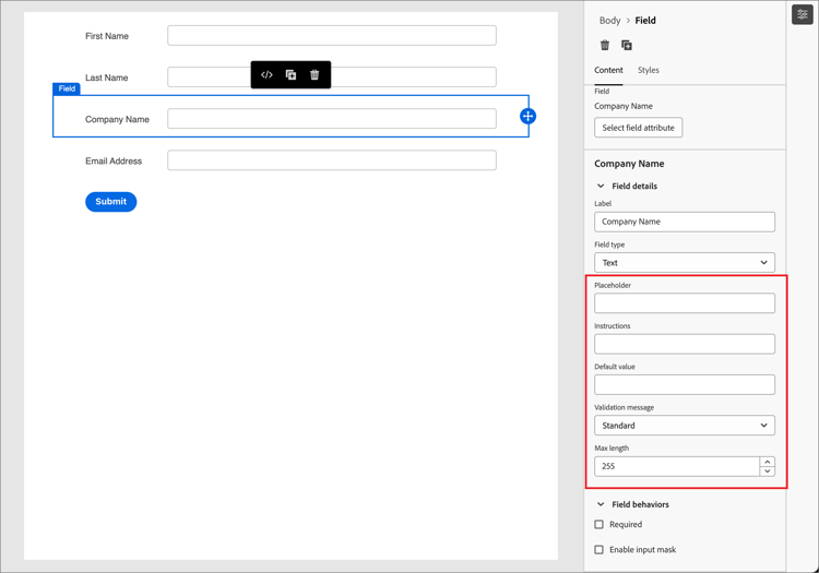 ​ 選択したフィールドタイプに従ってフィールドのオプションを設定する ​