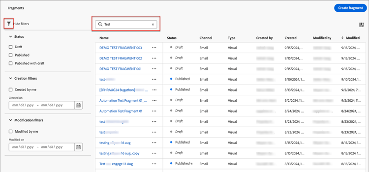 表示されたフラグメントのフィルタリング