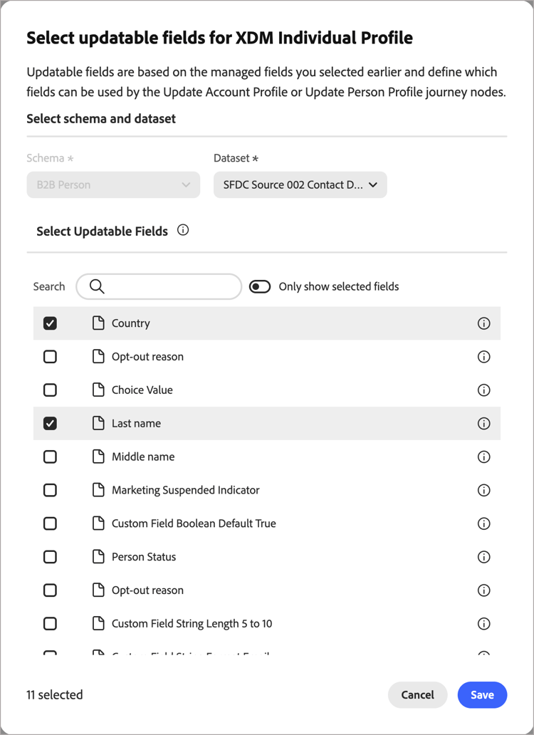 XDM スキーマ設定のデータセットから更新可能なフィールドを選択するためのダイアログ ​