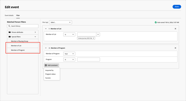 ​ リストのメンバーシップに対する人物によるパス Marketo Engage 分割の条件 ​