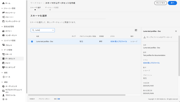 データセット作成用のスキーマ選択画面