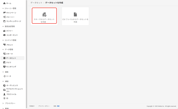 「スキーマからデータセットを作成」オプション