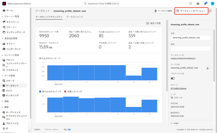 「データセットをプレビュー」ボタンを使用した成功を示すインポートステータス