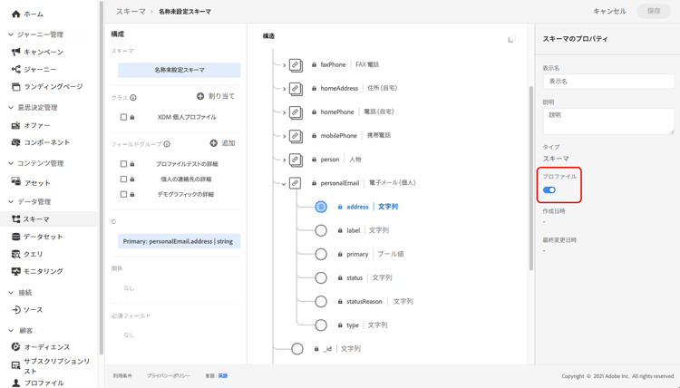 プロファイルオプションが有効になっているスキーマプロパティペイン