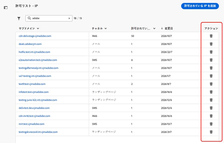 許可されている IP リストのアクション列の削除アイコン