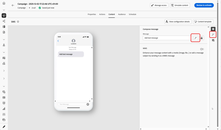 AI アシスタントパネルを使用した SMS メッセージエディターが開きました ​