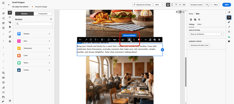 ​ テキストまたはHTML コンポーネントにパーソナライゼーションオプションを追加