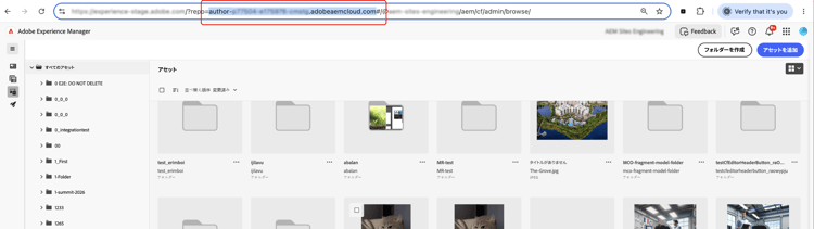 パブリッシュドメインの取得に使用されたオーサードメインを示す AEM インスタンス URL。