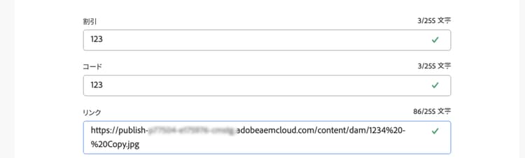 参照されたアセットのコピーされた公開 URL を含む AEM コンテンツフラグメントのテキストフィールド。