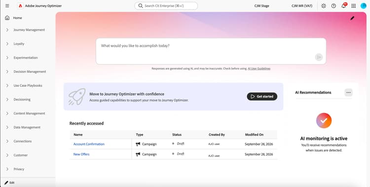 最近アクセスしたキャンペーンと AI レコメンデーションを含む Journey Optimizer ホームページ