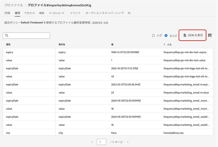 オーディエンスメンバーシップステータスを示す JSON 形式のプロファイル属性ビュー