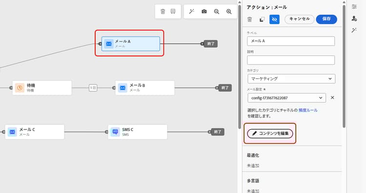 チャネルアクションアクティビティの「コンテンツを編集」ボタン