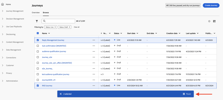 下部のバーからの 2 つのライブジャーニーを一括一時停止