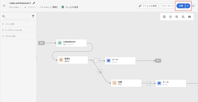 ジャーニーをアクティブ化するジャーニーツールバーの「公開」ボタン