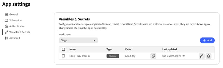 変数と秘密鍵 – ステージワークスペースに保存されたGREETINGPREFIX