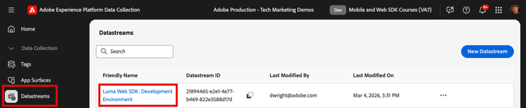 Luma Web SDK データストリームを選択します