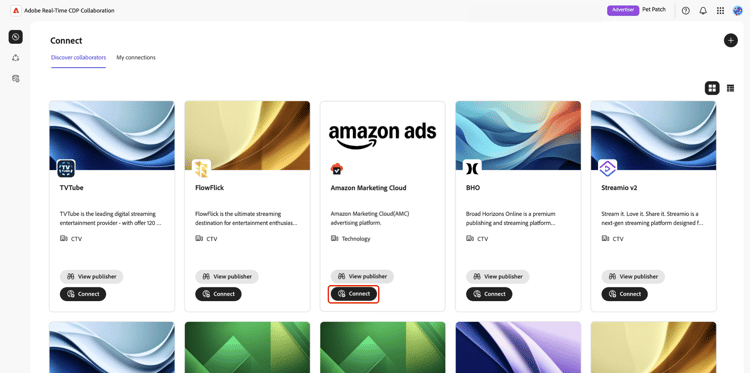 ​ 「接続」オプションが選択されている Amazon Marketing Cloud 共同作業者を見つけるワークスペース ​