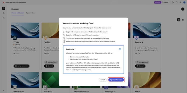 ​ 「同意し Amazon Marketing Cloud 接続」ボタンがハイライト表示された「接続」ダイアログ ​