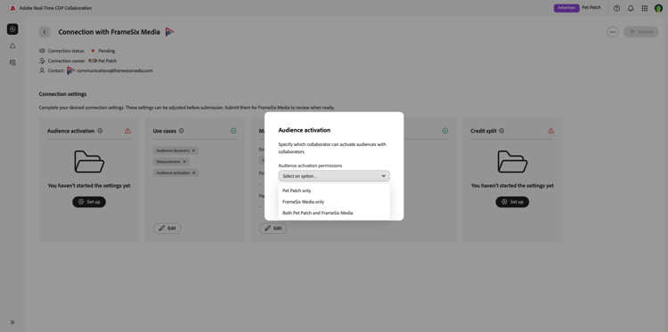 接続設定ワークスペースのオプションを含む Audience Activation ダイアログ。