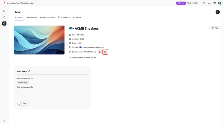 更新アイコンがハイライト表示された接続コード。