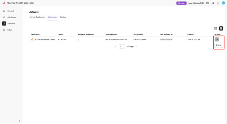 省略記号アイコンと削除アクションがハイライト表示されたアクティベーションワークスペースの「宛先」タブ。