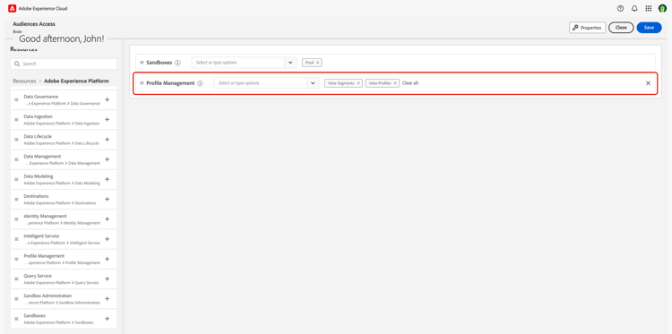 Profile Management リソースに追加された「セグメントの表示」権限と「プロファイルの表示」権限を持つ権限のリソースワークスペース。