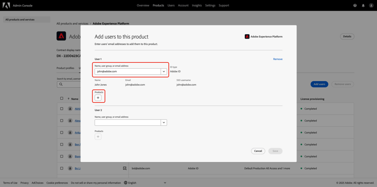 ユーザー情報が入力され、「製品の追加」オプションが選択された状態で、この製品にユーザーを追加ダイアログ