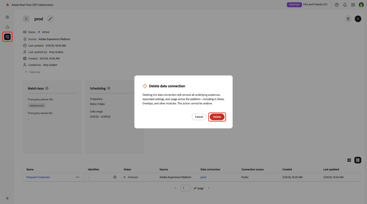 「削除」オプションがハイライト表示されたデータ接続を削除ダイアログ