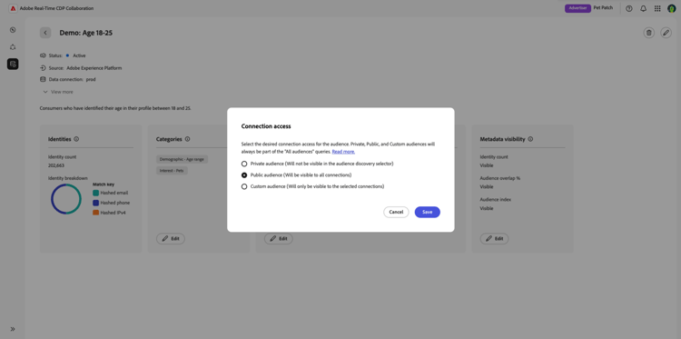 使用可能なオプションが表示された接続アクセスダイアログ。