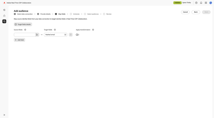 ソースフィールドをターゲットフィールドにマッピングするオプションを使用したオーディエンスを追加ワークスペース。