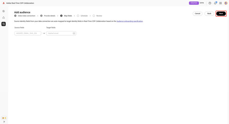 自動マッピングされたソースおよびターゲット ID フィールドを示すフィールドマッピング画面。