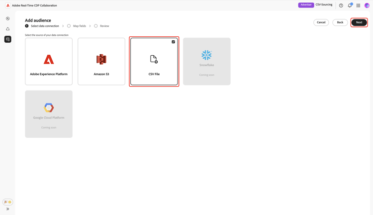 選択可能な CSV ファイルのデータ接続選択画面