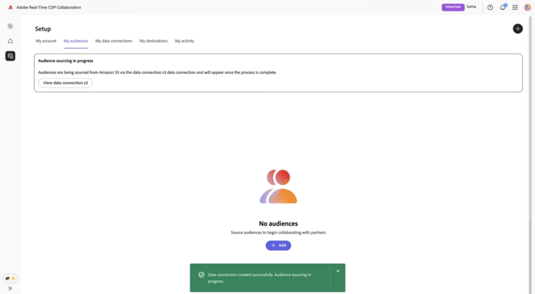 オーディエンスのソーシングが進行中であることを示す「オーディ Amazon S3 ンス」タブ