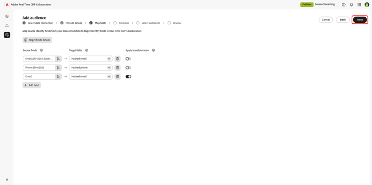 ​ マップフィールドが入力され、「次へ」オプションがハイライト表示されたオーディエンスを追加ワークスペース。