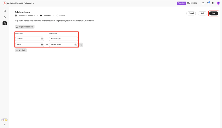 マッピングされたソースおよびターゲット ID フィールドを示すフィールドマッピング画面。