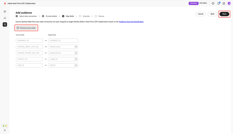 ​ フィールドをマップ画面に表示すると、自動マッピングされたソースフィールドとターゲットフィールドが表示され、「ソースデータをプレビュー」オプションと「次へ」オプションがハイライト表示されます。