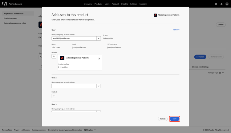 保存オプションがハイライト表示されたこの製品ダイアログにユーザーを追加します。