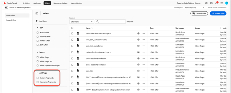 コンテンツフラグメントタイプでのフィルタリング：Target UI の HTML または JSON