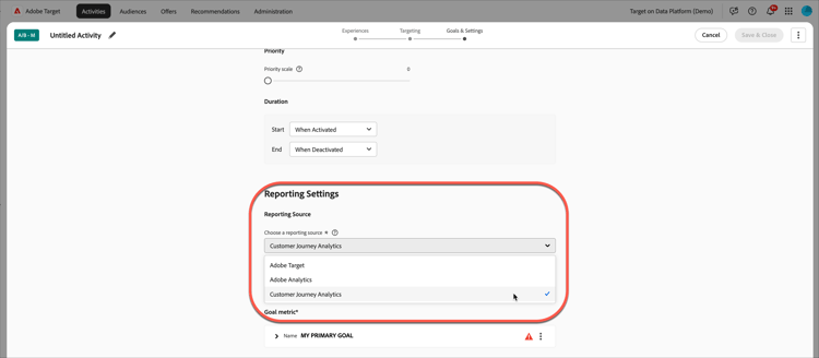 レポートソースとしての Customer Journey Analytics オプション