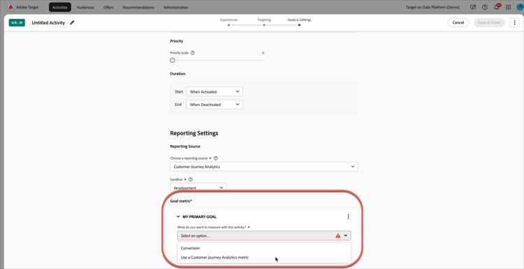 目標指標で Customer Journey Analytics 指標オプションを使用