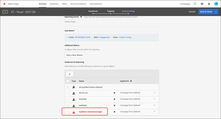 のソースメッセージで削除されたオーディエンス Goals & Settings ページ