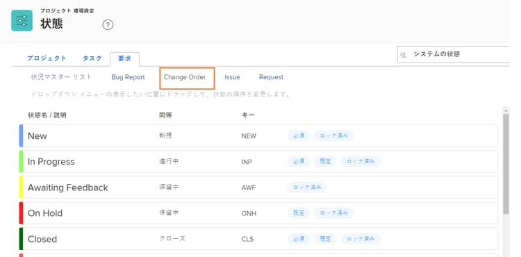 列がハイライト表示されたステータスページの「イシュー」タブ