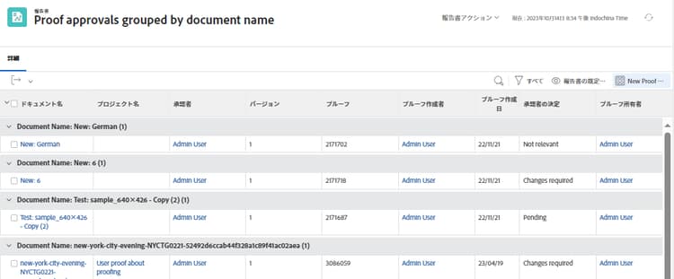 プロジェクト名でグループ化された、プルーフの承認を示す画面の画像