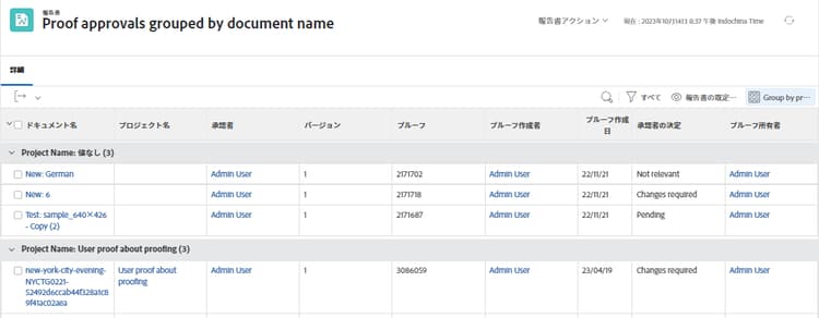 プロジェクト名でグループ化された、プルーフの承認を示す画面の画像