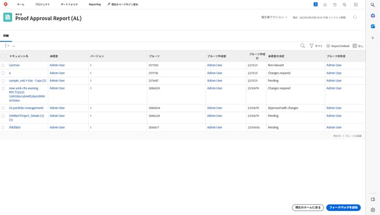 Workfront のプルーフ承認レポートの画像