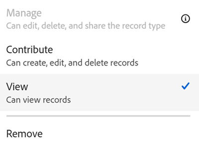 レコードタイプ共有ドロップダウンの「削除」オプション
