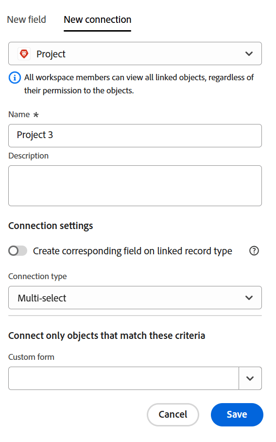 Workfront プロジェクト接続の選択