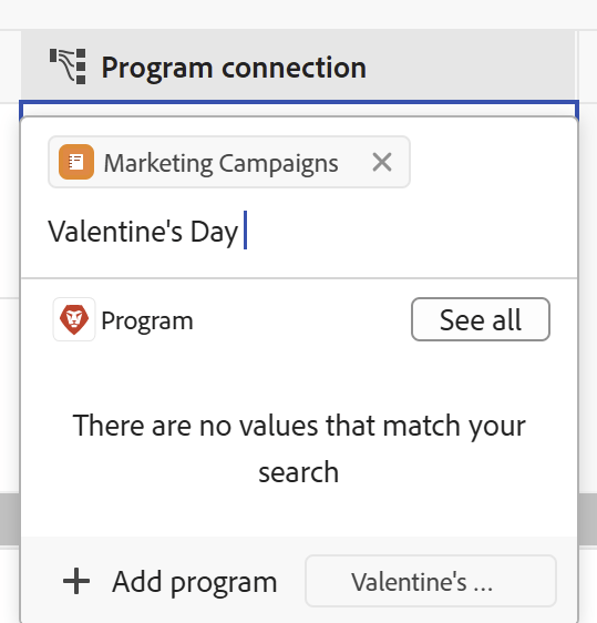 接続フィールドから接続する際にWorkfront プログラムを追加する