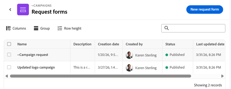 フォームの要求ページ